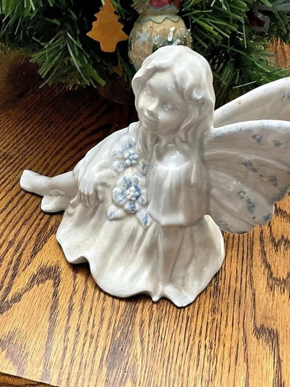 Shelf 3-Ceramic Sitting Fairy Angel Figurine in White & Blue